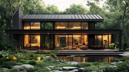 Contemporary rural home featuring black steel and wood paneling, elevated design, open base, countryside warmth, metal roofing, 8K high-resolution realistic images,