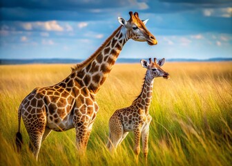 Obraz premium Macro Photography: Giraffe and Calf in Grassland - Wildlife Close-up
