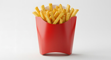  French fries in a special fast food red box isolated on white background