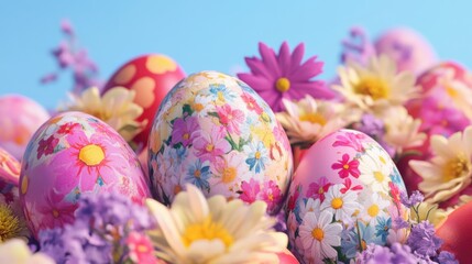 colorful easter eggs with flowers, generative ai