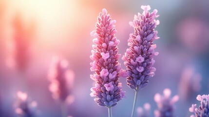 Obraz premium Close-up of blooming lavender flowers in a soft-focus background with warm sunlight