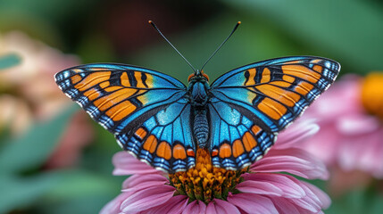 Fototapeta premium A close-up of a vibrant butterfly resting on a flower, showcasing the intricate patterns of its wings in vivid detail