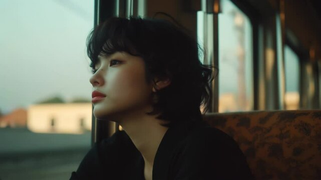 Femme asiatique dans un train qui regarde par la fen&ecirc;tre.