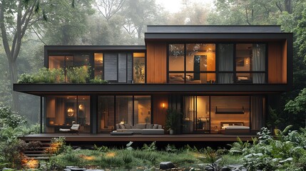 Two-storey rural home with black steel beams, wood-paneled walls, open lower area, countryside warmth, metal sheet roofing, 8K high-resolution realistic images,