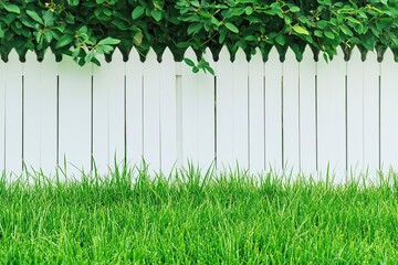 Fototapeta premium Green grass or meadow of a private villa garden. A wall or fence with green lawn of a private property. --ar 3:2 --v 6.1 Job ID: 4c749e2a-5e7e-4185-96d7-8c9a7c13ed73