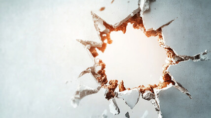 Powerful Impact Hole in Light Grey Concrete Wall with Sunlight Streaming Through