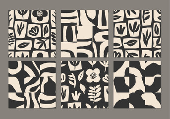 Cute trendy set of seamless patterns with abstract collage of organic shapes