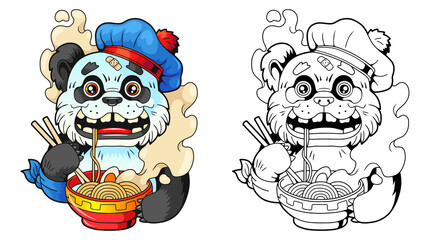 funny panda eating ramen noodles illustration design