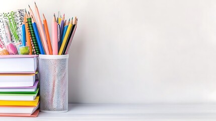 Obraz premium Pencils, books, erasers on desk with blank background