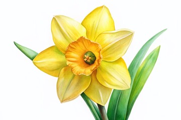 Obraz premium Macro Photography: Vibrant Yellow Daffodil Watercolor, Spring Flower, Botanical Art, Floral Image, Copy Space