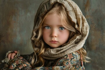 Studio portrait of a young girl wearing a headscarf and traditional patterned clothing, her captivating blue eyes drawing the viewer in