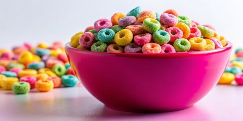 Macro Photo of Colorful Cereal in Pink Bowl, Vibrant Breakfast Food
