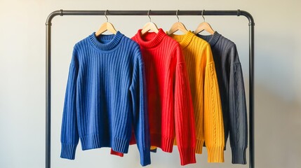 Obraz premium Colorful Sweater Display - Clothing Rack Variety, A curated selection of four colorful sweaters hangs on a metal clothing rack.