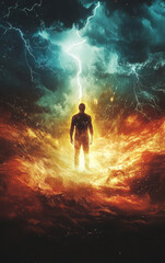 Obraz premium Ephemeral Power: A solitary figure stands amidst a surreal storm, illuminated by the dramatic clash of lightning and roiling energy, embodying raw power.