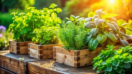 Macro Photo: Vibrant Community Garden Herbs in Soft Morning Light