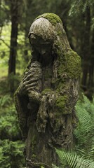 Moss-Covered Statue in Forest with Figure Holding Child in a Deep Green Forest