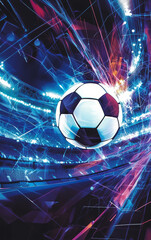 Football Dynamics: An artistic interpretation showcases a football in the heart of a stadium. Vibrant beams of light create an energetic and dynamic visual.
