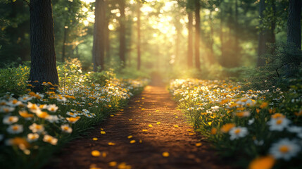 Obraz premium A tranquil forest trail lined with blooming flowers and soft sunlight filtering through the fresh green canopy