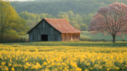 A tranquil countryside setting in spring with a rustic wooden barn surrounded by green fields and blossoming trees