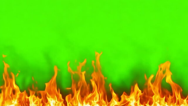 Orange Red Flames Engulf on green screen background. Vibrant fire animated on green backdrop. Burning flame animation. Frame Template. Chroma key. Motion graphics. Creative video for overlay. Inferno