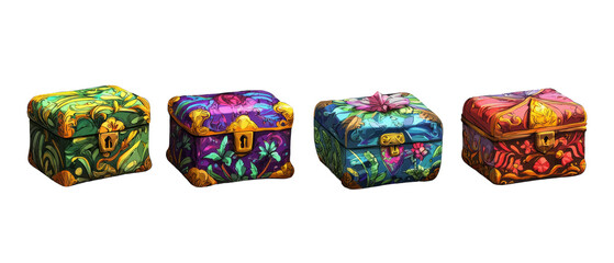 Colorful decorative treasure chests with intricate floral designs
