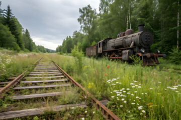 Naklejka premium Abandoned Steam Locomotive on Overgrown Railway