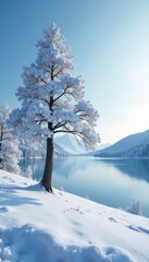 Frozen tree on a snowy hill with distant frozen lakes, frozen tree, , lake