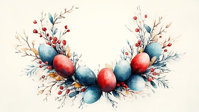Ester greeting card. Watercolor flowers and colored eggs isolated on a white background. Floral composition template for Ester design.