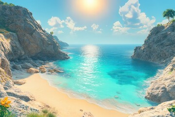 Fototapeta premium A tranquil coastal landscape with cliffs, golden sands, and vibrant turquoise waters under the sun