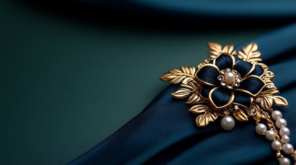 Elegant Dark Blue Flower Brooch with Gold Accents and Pearls