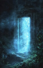 Fototapeta premium The Ethereal Gateway: A luminous, ethereal doorway bathed in a mystical blue glow, beckoning from within a shadowy, overgrown forest. The air is thick with fog.