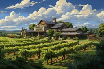 Fototapeta premium Beautiful winery estate nestled amidst rows of grapevines, creating a picturesque scene of rural tranquility and wine production