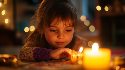 Young girl admiring candlelight with a soft glow in a cozy setting during Nowruz celebration at home