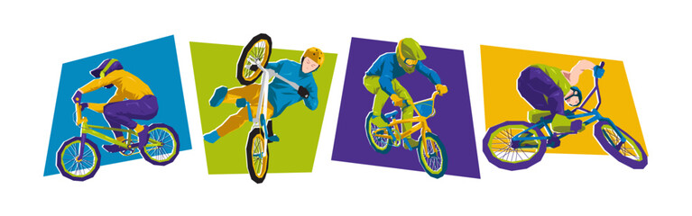 Fototapeta premium Vector set of male bmx racing and freestyle. Sport, race, competition concept. Isolated on white background. Flat illustration.