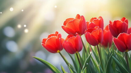 Red tulips background, spring flower field, red tulip flowers on a white blurred background, spring floral background with copy space, red tulips flower background.