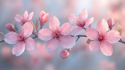 Obraz premium Delicate pink cherry blossoms on a branch against a soft, blurred background of a clear sky