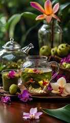 A serene composition featuring a herbal tea infusion, exotic fruits, and vibrant orchids, placed in a tropical environment. The warm tones emanate tranquility and a sense of luxury and relaxation.

