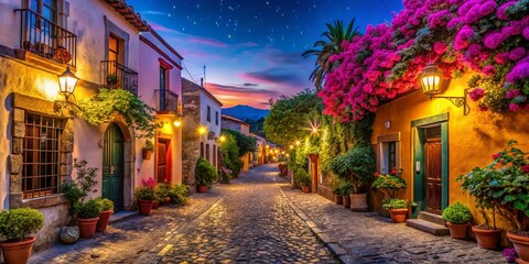 Fototapeta premium Magical Night in a Mexican Village: Colorful Houses and Starry Sky