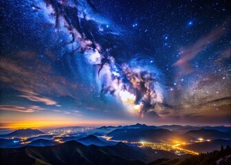 Naklejka premium Magical Night Sky: Celestial Stars Floating Over Dark Landscape, Aerial View