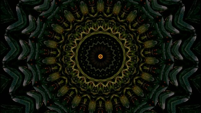 A green abstract swirl pattern with a fractal design, featuring geometric shapes and psychedelic, circular illusions, creating a vibrant, decorative mandala-like illustration