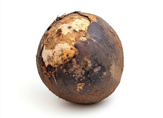 Fototapeta premium Image of an old, rotten coconut on a white background, isolated. --ar 128:93 --v 6.1 Job ID: 8e68033a-3570-46f9-ae33-b51419ad1b23