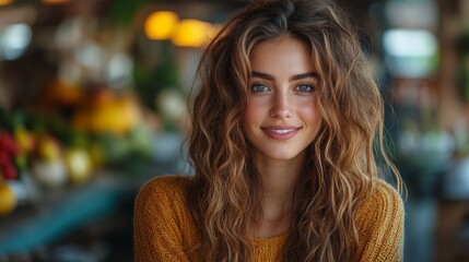 Obraz premium Smiling Woman in a Cozy Cafe Setting