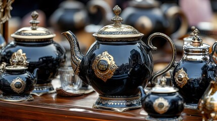 Antique tea set, market stall, ornate detail, bustling background, home decor