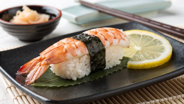 Perfectly Prepared Ebi Nigiri with Plump Shrimp on Pristine Sushi Rice with Lemon