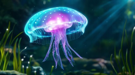 Ethereal Jellyfish Glowing in Underwater Forest with Colorful Lights