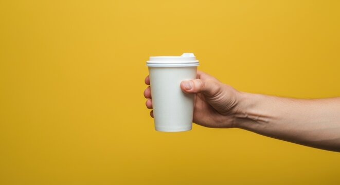 Hand holding a takeaway coffee cup against a bright yellow background