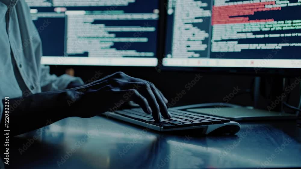 Aufkleber expert in cybersecurity analyzes complex code in a dark office late at night