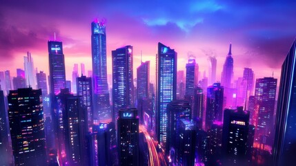 Vibrant Futuristic Cityscape with Neon Lights and Twilight Glow