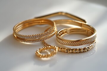 Contemporary golden jewelry including bracelets and a ring, elegantly laid out on a smooth white surface.