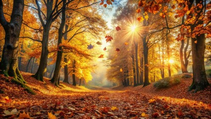 Fototapeta premium Majestic Autumn Forest Landscape: Falling Brown Leaves & Golden Sunlight